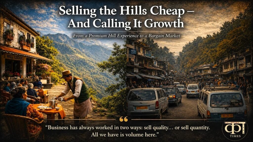 Conceptual illustration showing a premium hill destination contrasted with bargain tourism, highlighting the impact of price competition on local identity and value.