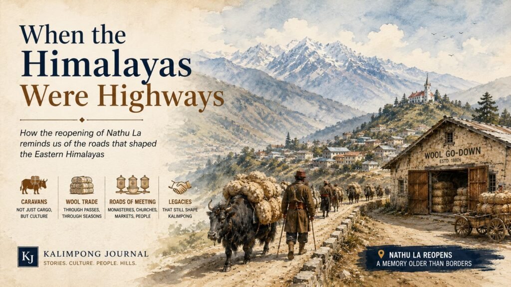 Illustrated reconstruction of a Himalayan trading caravan on the historic route to Kalimpong.